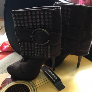 Brown bootie heels with gold studs
